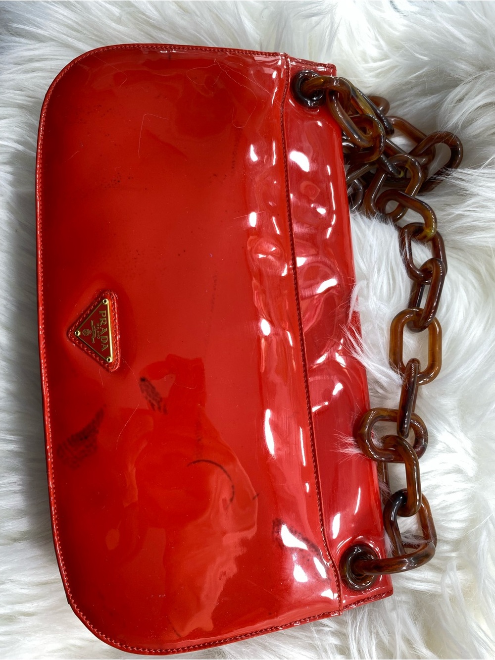 Prada Red Patent Shoulder Bag with Tortoiseshell-Link Strap